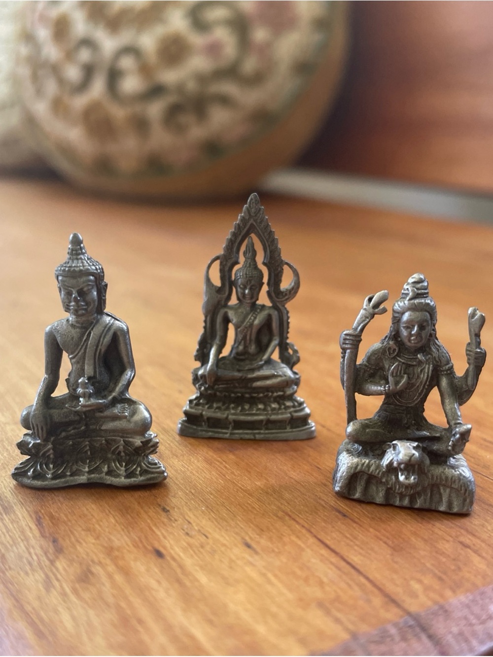 Vintage Set Of 3 Collectible Miniature Fine Pewter Figurines Medieval Asian God